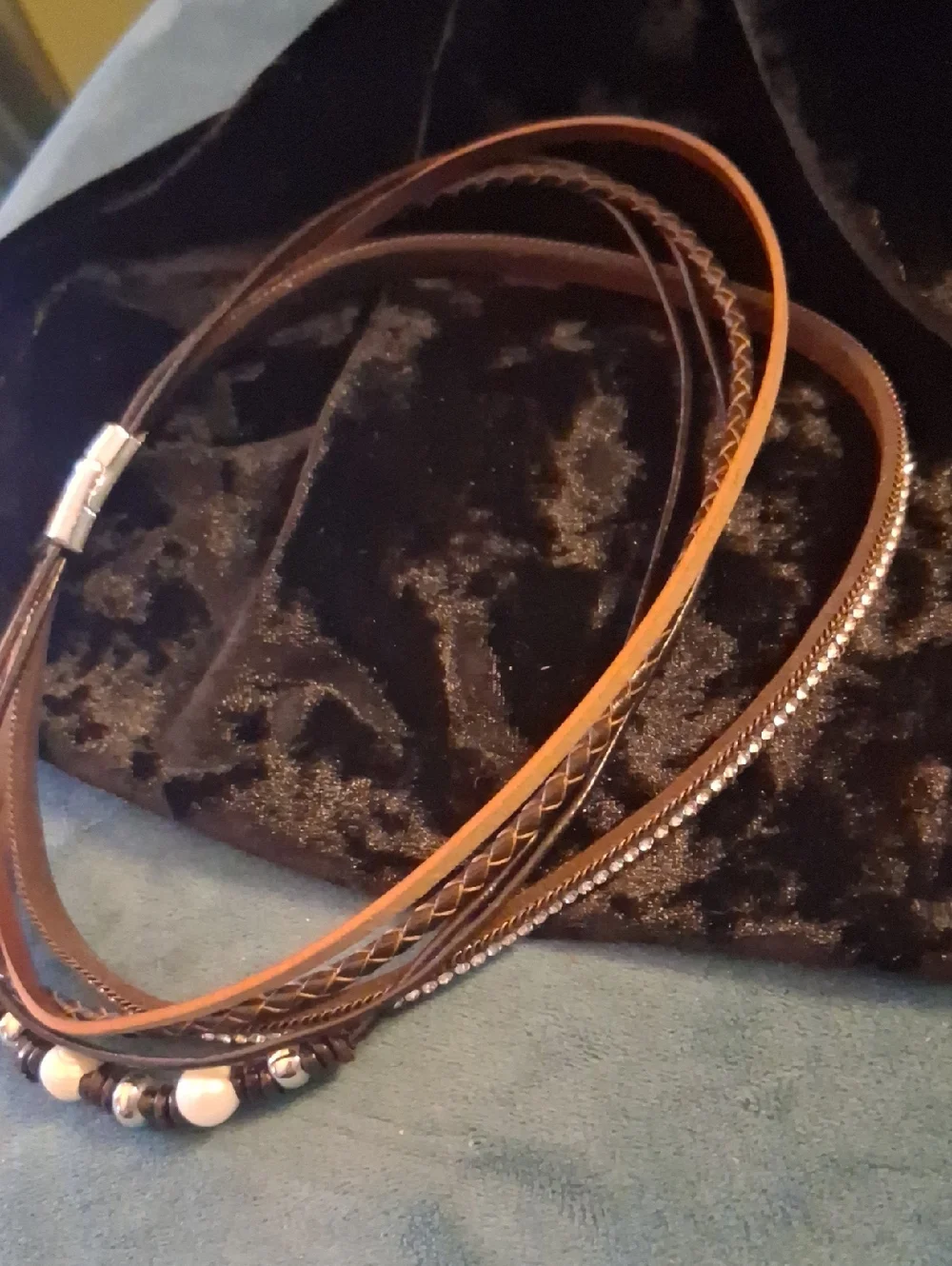 Express Brown Multi-Strand Leather Wrap Bracelet with Pearls and Rhinestones